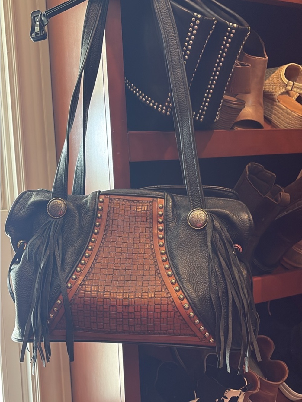Women’s Black and Brown Fringe Tote Bag